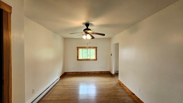 1106 S Belfast Ave, Augusta, ME 04330 - unfurnished room featuring wood finished floors, baseboard heating, a ceiling fan, and a baseboard radiator