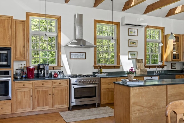416 River Rd, Edgecomb, ME 04556 - kitchen featuring wall chimney range hood, stainless steel appliances, a wall mounted air conditioner, dark countertops, and beamed ceiling