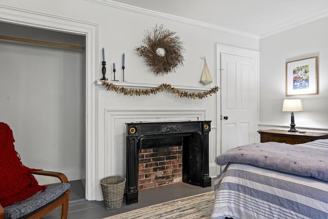 416 River Rd, Edgecomb, ME 04556 - bedroom with a fireplace with flush hearth and crown molding
