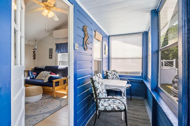 3 Island View Ave, Saco, ME 04072 - sunroom featuring a ceiling fan, vaulted ceiling, and a wall unit AC
