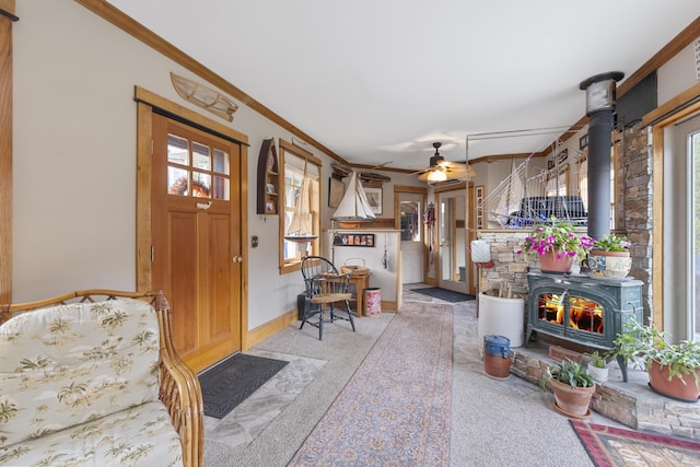 259 Mountain St, Camden, ME 04843 - entryway featuring plenty of natural light, crown molding, light carpet, and ceiling fan