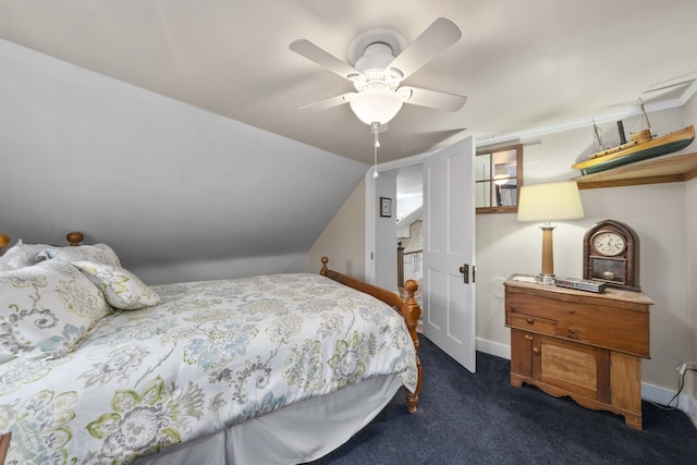 259 Mountain St, Camden, ME 04843 - bedroom with dark carpet, ceiling fan, and lofted ceiling
