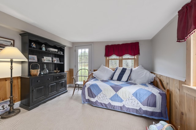 259 Mountain St, Camden, ME 04843 - carpeted bedroom featuring wainscoting and wood walls