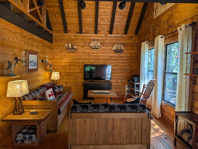 33 Mountain View Rd, Boothbay Harbor, ME 04538 - living area featuring a wooden ceiling with exposed beams, wood-type flooring, wood walls, and high vaulted ceiling