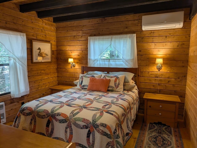 33 Mountain View Rd, Boothbay Harbor, ME 04538 - bedroom featuring a wall mounted AC, multiple windows, beam ceiling, and wooden walls