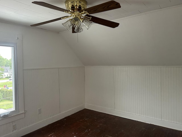 40 Silvermount St, Waterville, ME 04901 - additional living space with dark wood-style flooring, a ceiling fan, plenty of natural light, wainscoting, and lofted ceiling