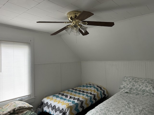 40 Silvermount St, Waterville, ME 04901 - bedroom with multiple windows, wainscoting, lofted ceiling, and a ceiling fan