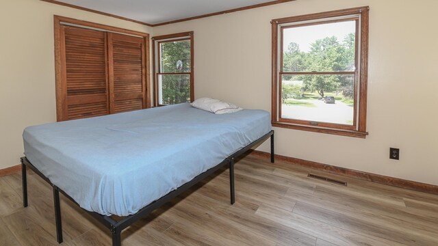 68 Hannibal Cir, Denmark, ME 04022 - bedroom featuring light wood-type flooring, ornamental molding, and a closet