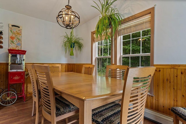 1080 Old Augusta Rd, Waldoboro, ME 04572 - dining room featuring a chandelier, a wainscoted wall, wooden walls, wood finished floors, and baseboard heating