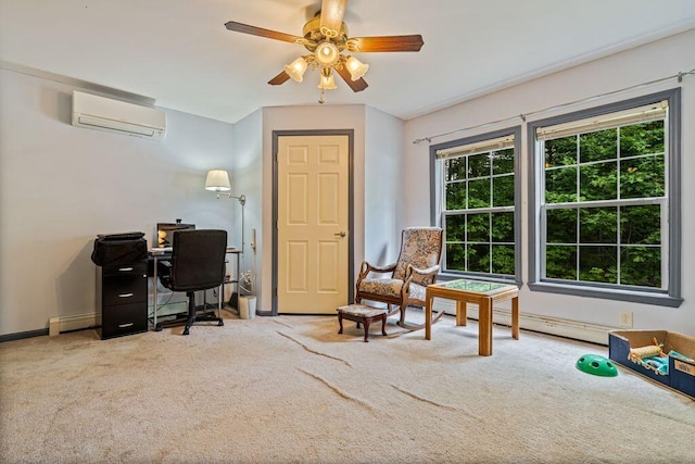 1080 Old Augusta Rd, Waldoboro, ME 04572 - carpeted home office featuring a wall mounted air conditioner, ceiling fan, and a baseboard heating unit