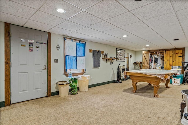 1080 Old Augusta Rd, Waldoboro, ME 04572 - recreation room featuring pool table, carpet flooring, recessed lighting, and a paneled ceiling