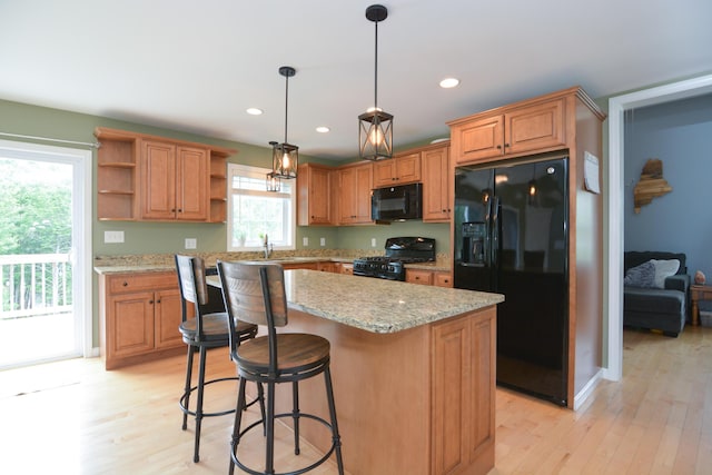 3 Erins Way S, Berwick, ME 03908 - kitchen featuring black appliances, open shelves, light wood-style floors, light stone countertops, and recessed lighting