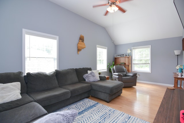 3 Erins Way S, Berwick, ME 03908 - living room featuring light wood-style floors, a ceiling fan, and lofted ceiling
