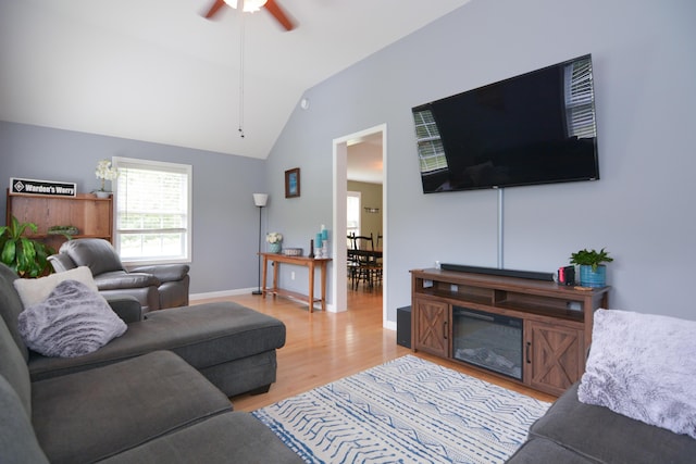 3 Erins Way S, Berwick, ME 03908 - living area with light wood-type flooring, healthy amount of natural light, a ceiling fan, and lofted ceiling