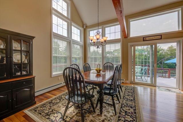 11 Washington Ct, Naples, ME 04055 - dining space featuring a baseboard heating unit, light wood finished floors, a chandelier, and high vaulted ceiling