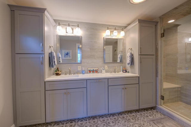 11 Washington Ct, Naples, ME 04055 - full bath featuring double vanity, a shower stall, and tile patterned flooring