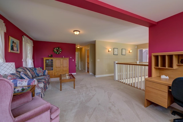 11 Washington Ct, Naples, ME 04055 - living room featuring light carpet and an office area