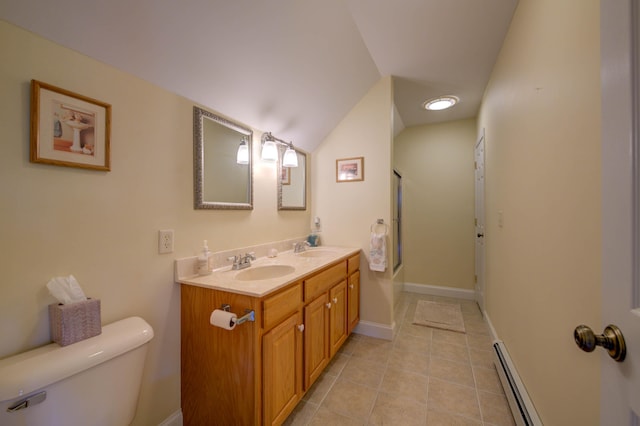 11 Washington Ct, Naples, ME 04055 - full bath featuring a baseboard radiator, double vanity, a shower with door, tile patterned flooring, and lofted ceiling