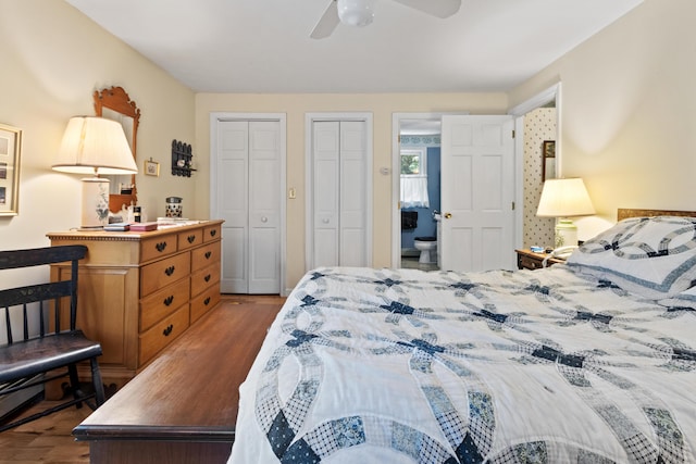 23 Laurel Pines Dr, Gorham, ME 04038 - bedroom featuring multiple closets, wood finished floors, ceiling fan, and ensuite bath