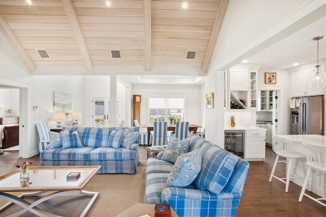 126 Mile Stretch Rd, Biddeford, ME 04005 - living room with wine cooler, a bar, dark wood finished floors, and wood ceiling