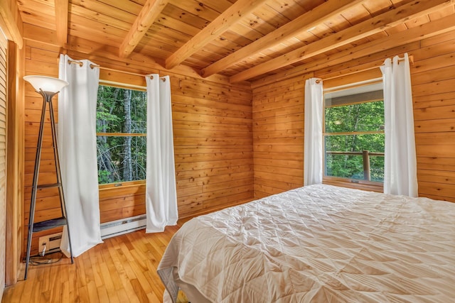 221 Gates Rd, Jefferson, ME 04348 - bedroom featuring baseboard heating, light wood finished floors, a wooden ceiling with exposed beams, and wooden walls