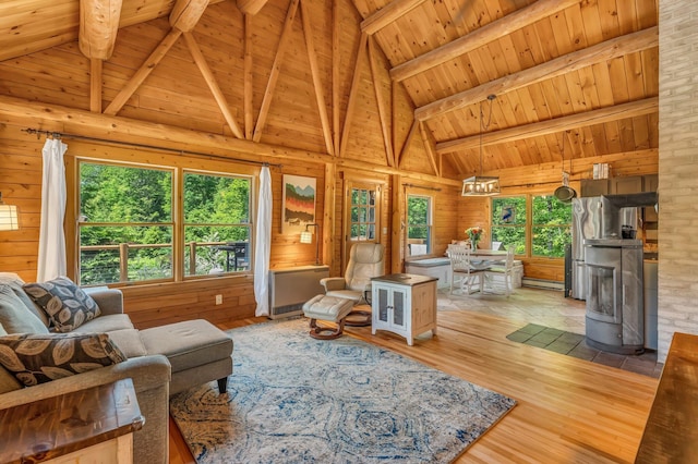 221 Gates Rd, Jefferson, ME 04348 - living area with plenty of natural light, high vaulted ceiling, a wooden ceiling with exposed beams, wood finished floors, and wood walls