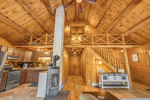 221 Gates Rd, Jefferson, ME 04348 - kitchen featuring stainless steel electric range, a wood ceiling with exposed beams, under cabinet range hood, wood walls, and high vaulted ceiling