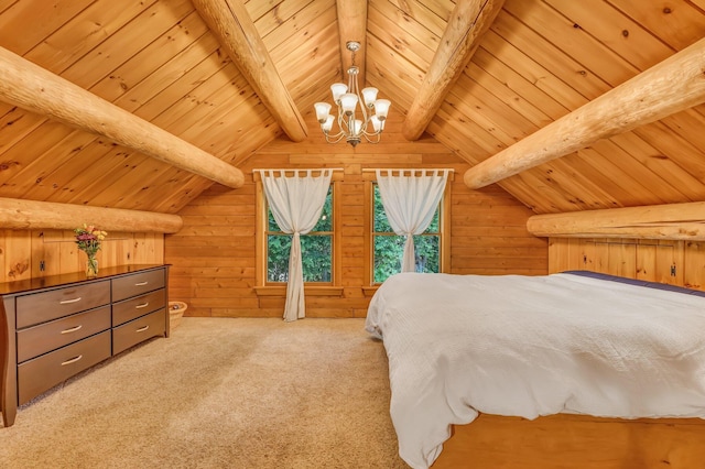 221 Gates Rd, Jefferson, ME 04348 - carpeted bedroom featuring wood ceiling, a chandelier, and wood walls