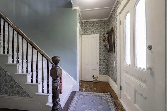 878 State Route 32, Bristol, ME 04564 - foyer entrance with wallpapered walls, wood finished floors, ornamental molding, and stairway