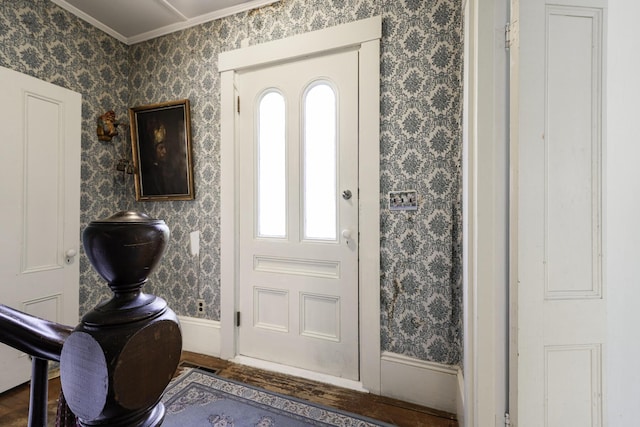 878 State Route 32, Bristol, ME 04564 - entrance foyer with crown molding, wood finished floors, and wallpapered walls