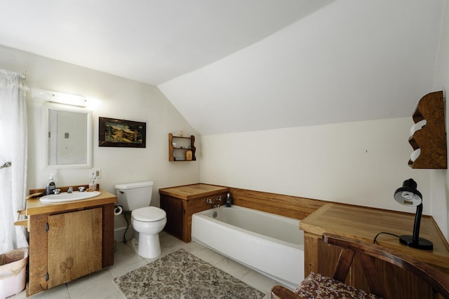 878 State Route 32, Bristol, ME 04564 - bathroom featuring a garden tub, vanity, lofted ceiling, and tile patterned floors