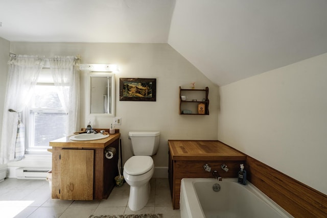 878 State Route 32, Bristol, ME 04564 - full bathroom featuring baseboard heating, vanity, a garden tub, tile patterned flooring, and lofted ceiling