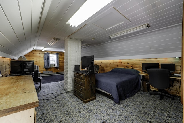 878 State Route 32, Bristol, ME 04564 - carpeted bedroom featuring wooden walls, lofted ceiling, a desk, and a baseboard heating unit