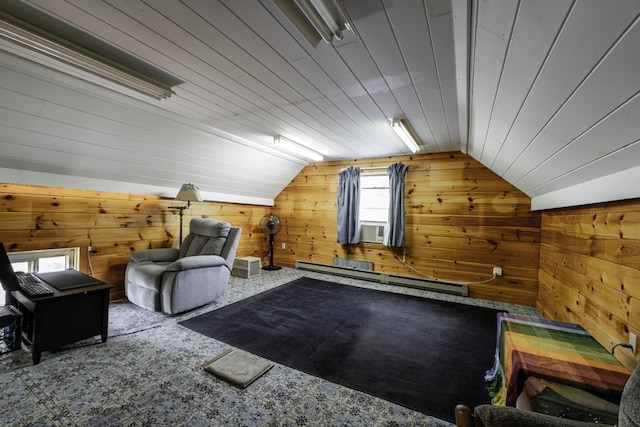 878 State Route 32, Bristol, ME 04564 - bonus room with wooden walls, a baseboard radiator, vaulted ceiling, carpet floors, and cooling unit