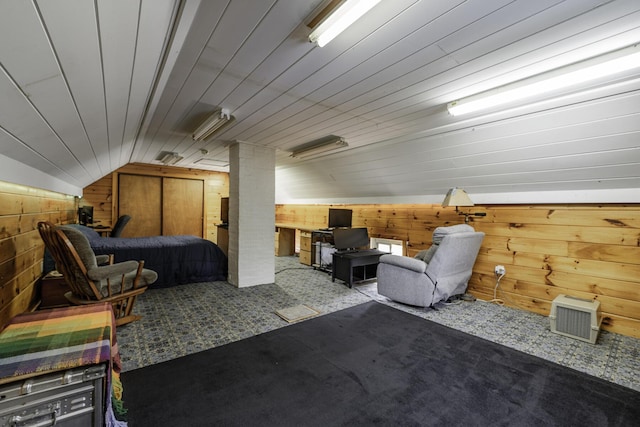 878 State Route 32, Bristol, ME 04564 - carpeted bedroom with wooden walls and lofted ceiling