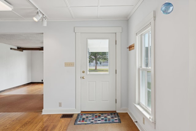 428 Webbs Mills Rd, Raymond, ME 04071 - entrance foyer featuring light wood-type flooring, track lighting, healthy amount of natural light, and ornamental molding