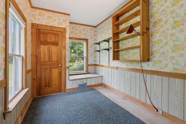 428 Webbs Mills Rd, Raymond, ME 04071 - entryway with wallpapered walls, wood finished floors, and crown molding