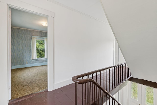 428 Webbs Mills Rd, Raymond, ME 04071 - stairway with baseboards and crown molding