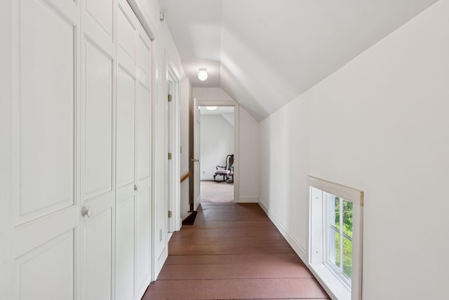 428 Webbs Mills Rd, Raymond, ME 04071 - hall featuring vaulted ceiling, hardwood / wood-style flooring, and an upstairs landing