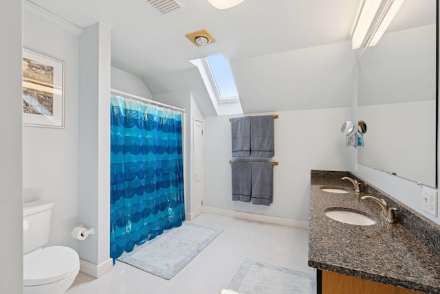 428 Webbs Mills Rd, Raymond, ME 04071 - bathroom with a skylight, vaulted ceiling, double vanity, and curtained shower