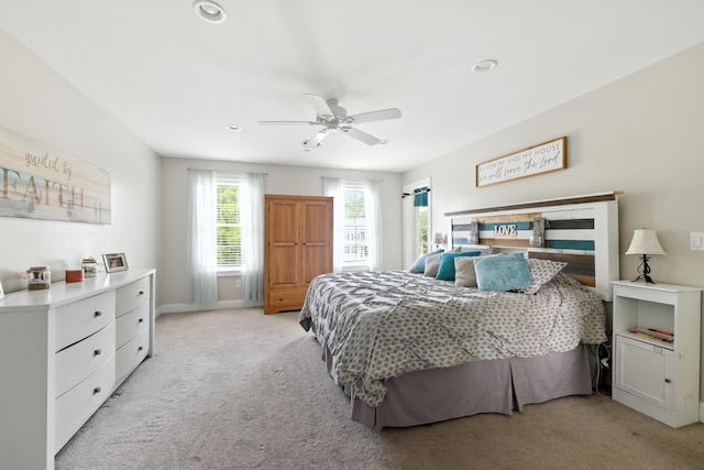 50 Carlisle Ln, Wells, ME 04090 - bedroom with light colored carpet, ceiling fan, and recessed lighting