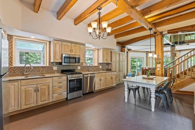 22 Woodpecker Ln, Embden, ME 04958 - kitchen featuring stainless steel appliances, backsplash, a chandelier, beam ceiling, and light brown cabinets