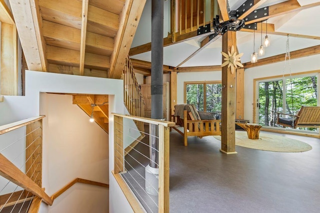 22 Woodpecker Ln, Embden, ME 04958 - detailed view of beamed ceiling and concrete floors