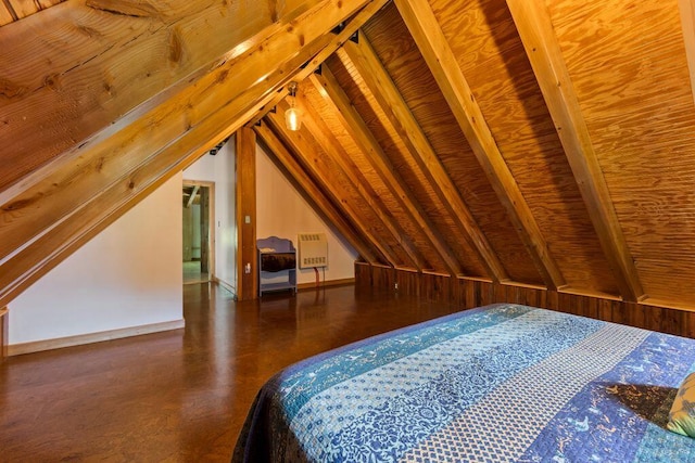 22 Woodpecker Ln, Embden, ME 04958 - bedroom with vaulted ceiling, heating unit, and wood ceiling