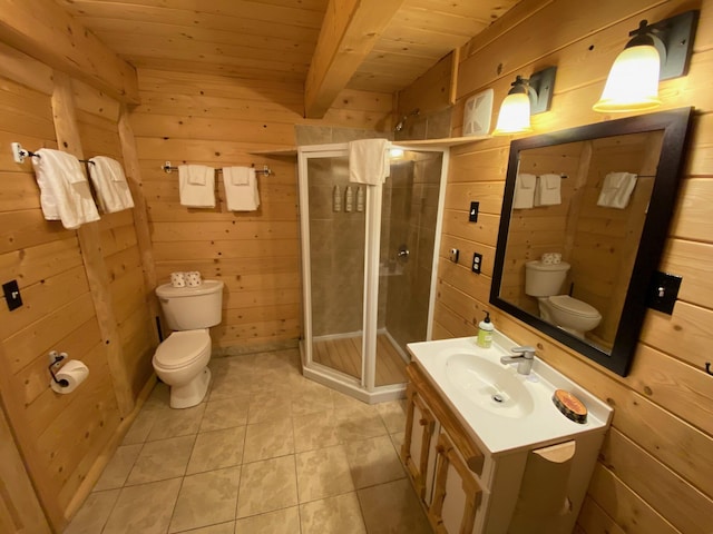 378 Black Point Rd, Beaver Cove, ME 04441 - bathroom featuring wooden walls, wood ceiling, vanity, a stall shower, and tile patterned flooring