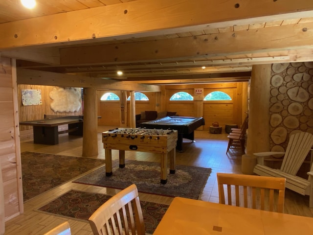 378 Black Point Rd, Beaver Cove, ME 04441 - game room featuring wood walls, hardwood / wood-style floors, pool table, and a wood ceiling with exposed beams