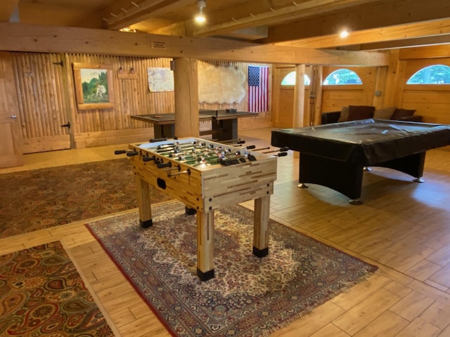 378 Black Point Rd, Beaver Cove, ME 04441 - rec room featuring wood walls, billiards, wood-type flooring, and beam ceiling