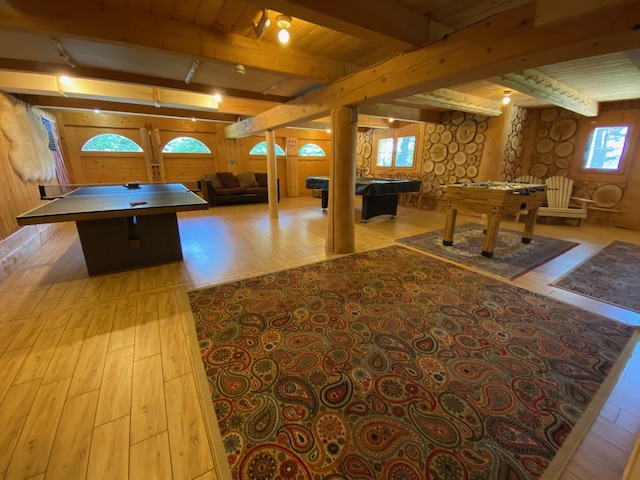 378 Black Point Rd, Beaver Cove, ME 04441 - rec room with pool table, wood finished floors, wood walls, and a wood ceiling with exposed beams