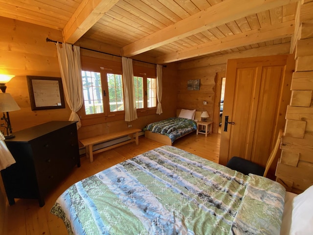 378 Black Point Rd, Beaver Cove, ME 04441 - bedroom featuring a wooden ceiling with exposed beams, wood finished floors, and a baseboard radiator