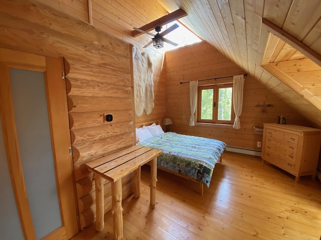 378 Black Point Rd, Beaver Cove, ME 04441 - bedroom with vaulted ceiling, baseboard heating, light wood-style floors, wooden ceiling, and wood walls